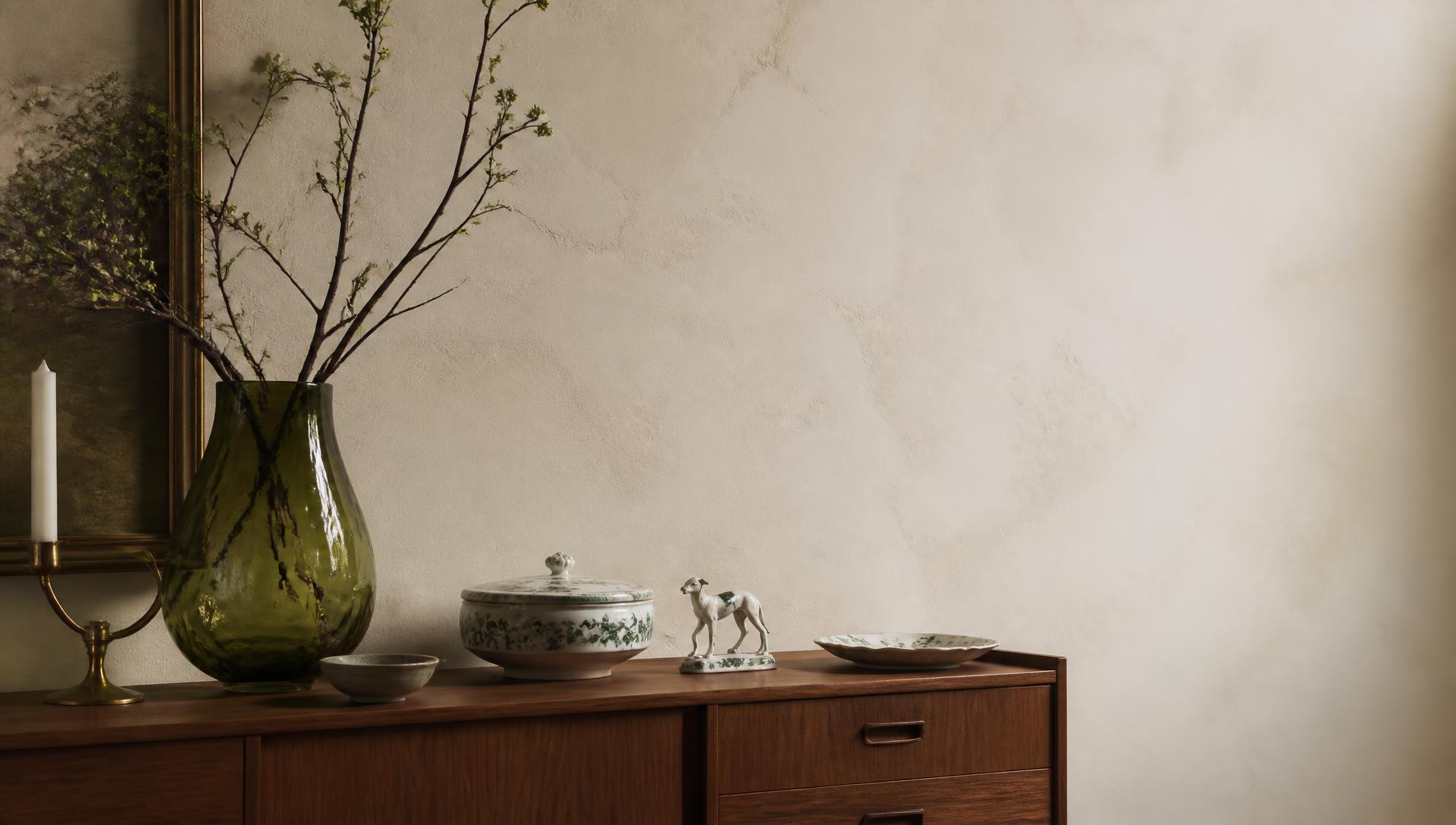 Nordic vintage porcelain and art glass styled on a walnut sideboard