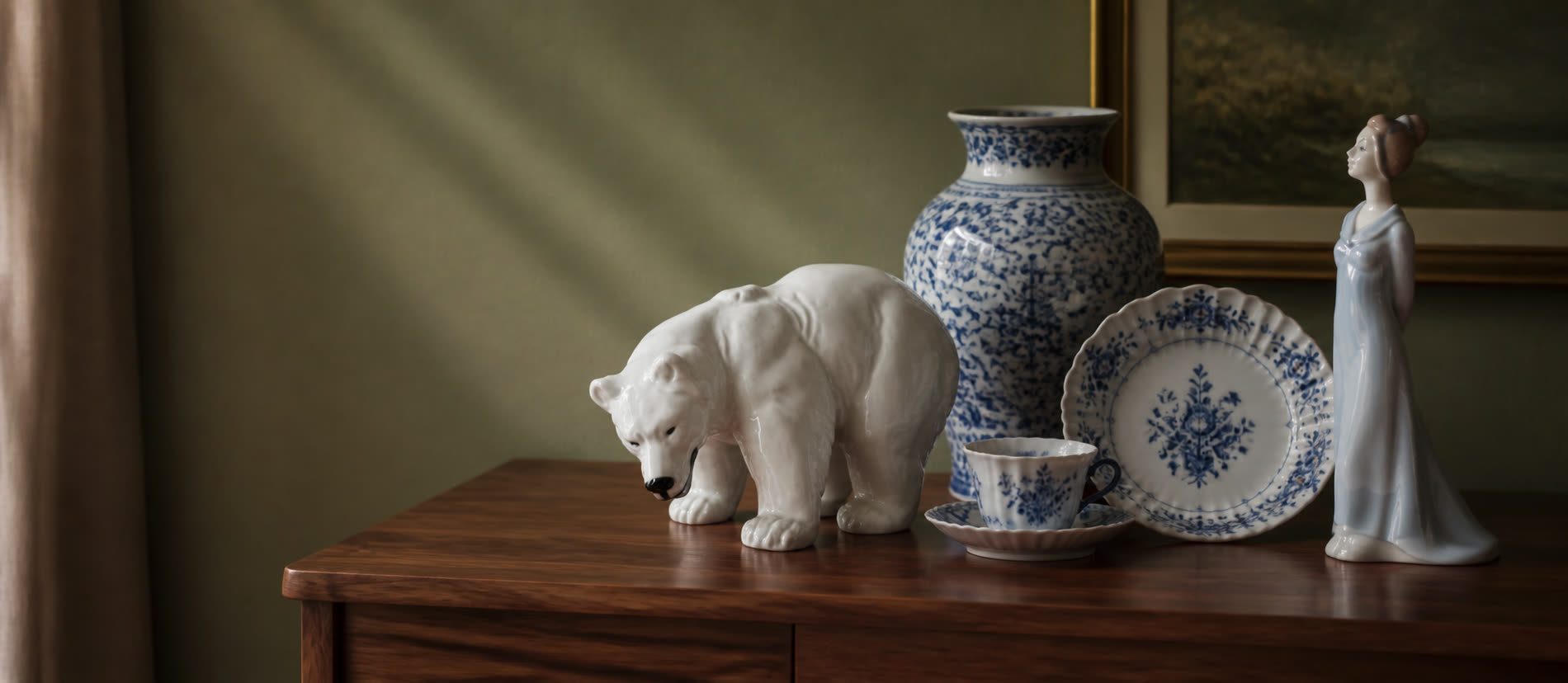 Nordic vintage porcelain, art glass vase and porcelain figurine still life